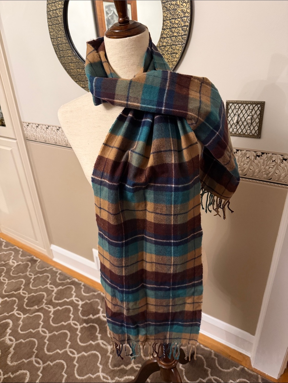 Plaid Teal and Brown Wool Scarf - Classic Home Accents like new Great condition